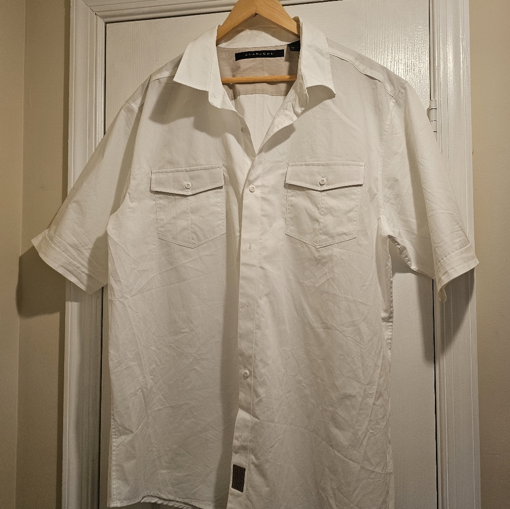 Mens White Sean John Button Up Short Sleeve Cotton Dress Shirt 3XL